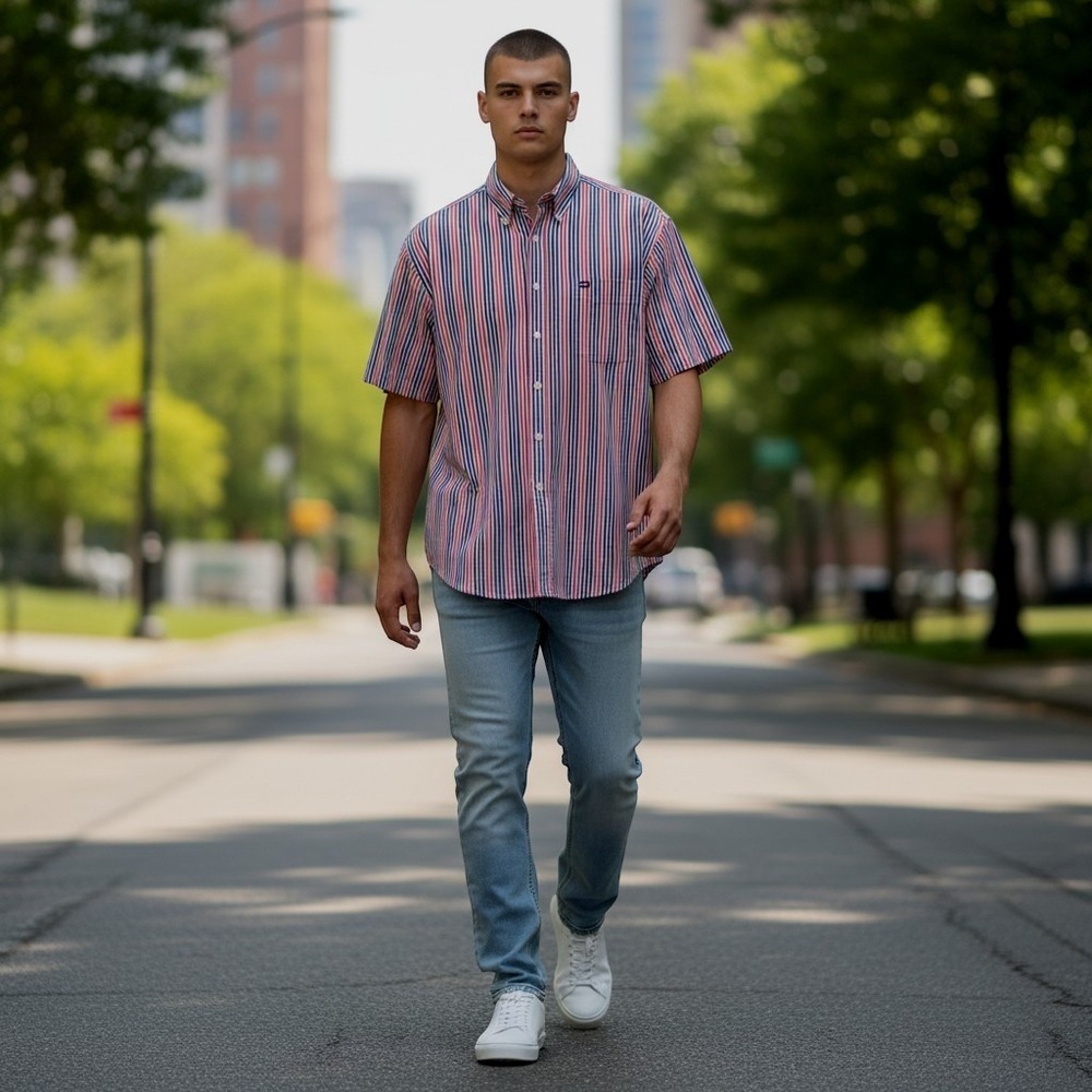 Tommy Hilfiger Button Down Mens Medium Red White Blue Striped Y2K Casual Shirt